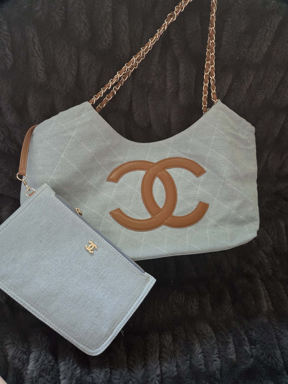 Light Blue Denim Tote With Brown Leather Detail - Picture 11 of 11